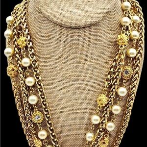 Vintage J CREW Gold Tone Sigma Wheat Chain 96” Glass Pearl, Celtic Knot Necklace